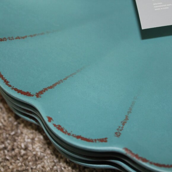 Soho Loft Plates Rustic Scalloped Set of 4 Melamine 11" Dinner Teal Brown NWT - Picture 3 of 7